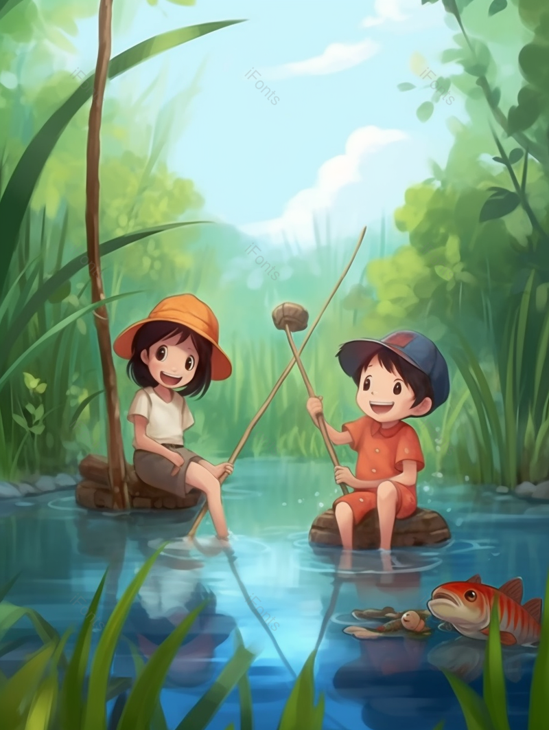 坐在石头上河边捕鱼的小朋友手绘插画图,插画/手绘图,插画/手绘图库,插画/手绘图下载,插画/手绘